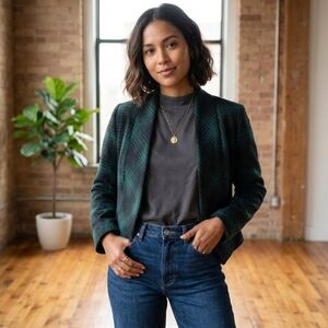 Bb Dakota Cropped Plaid Blazer Jacket - Classic Open Front Style